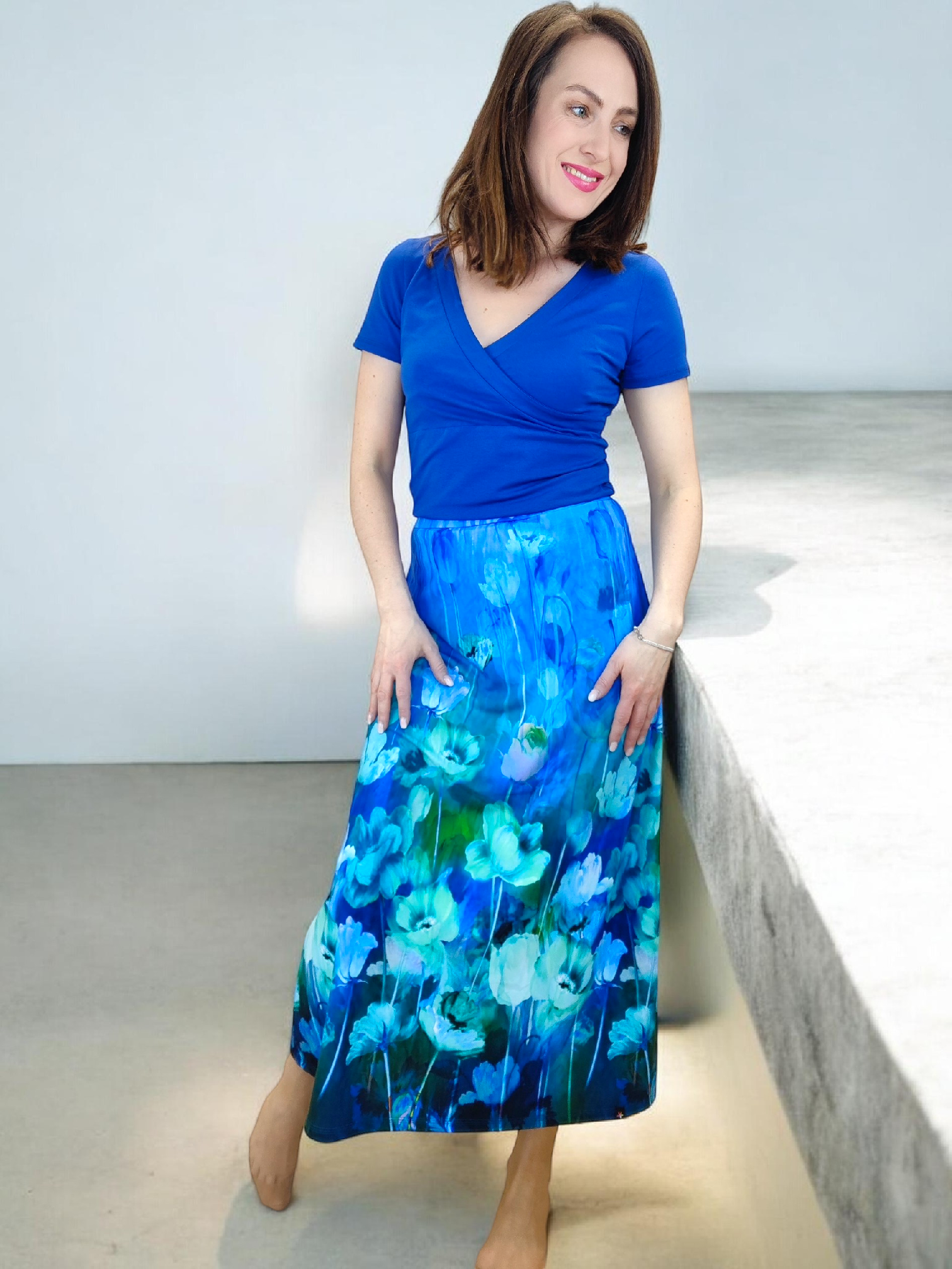 dlouhá áčková sukně Lassie maxi modrozelená květovaná do pasu